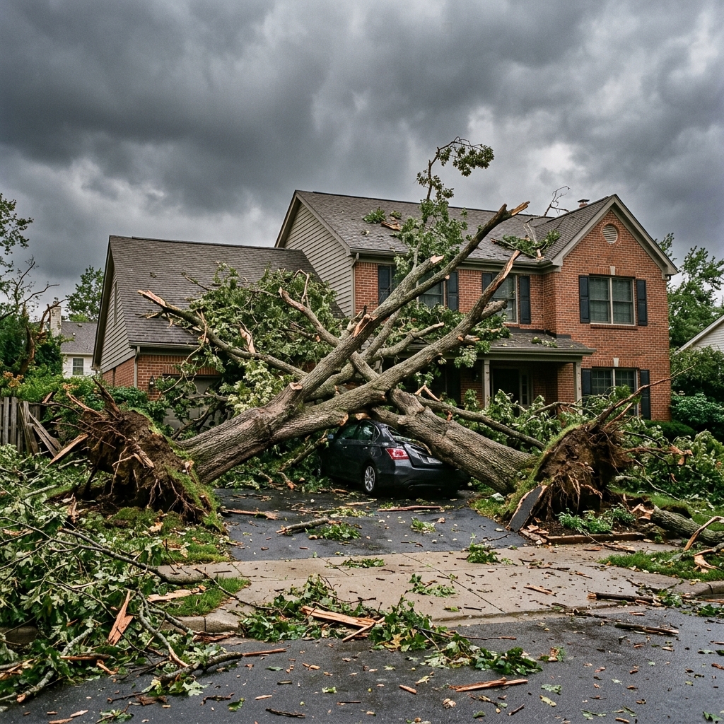 Storm damage with fallen tree in Lilburn GA
