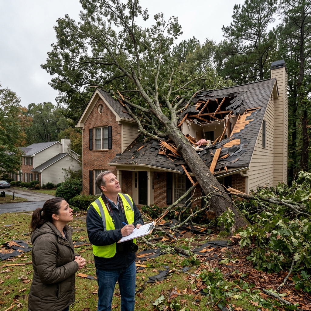Tree on roof with insurance adjuster in Lilburn GA
