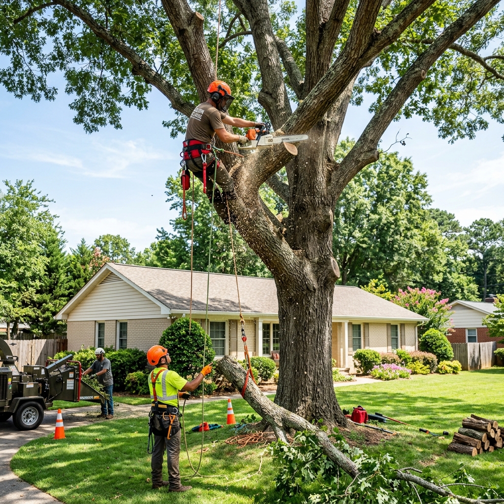 Professional tree removal crew in Lilburn GA backyard